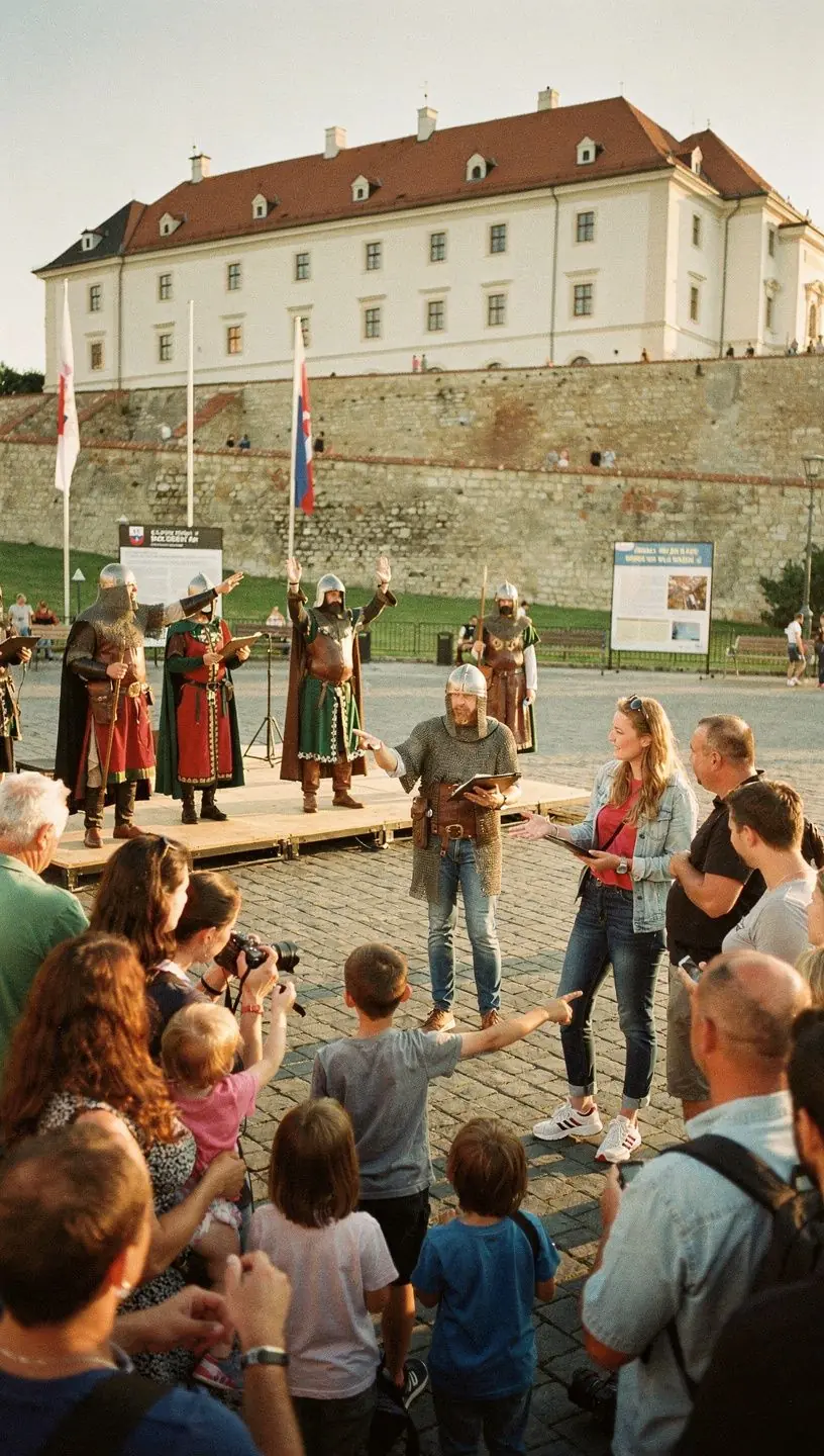 A scenic view of a historic castle overlooking a quaint Slovakian town.