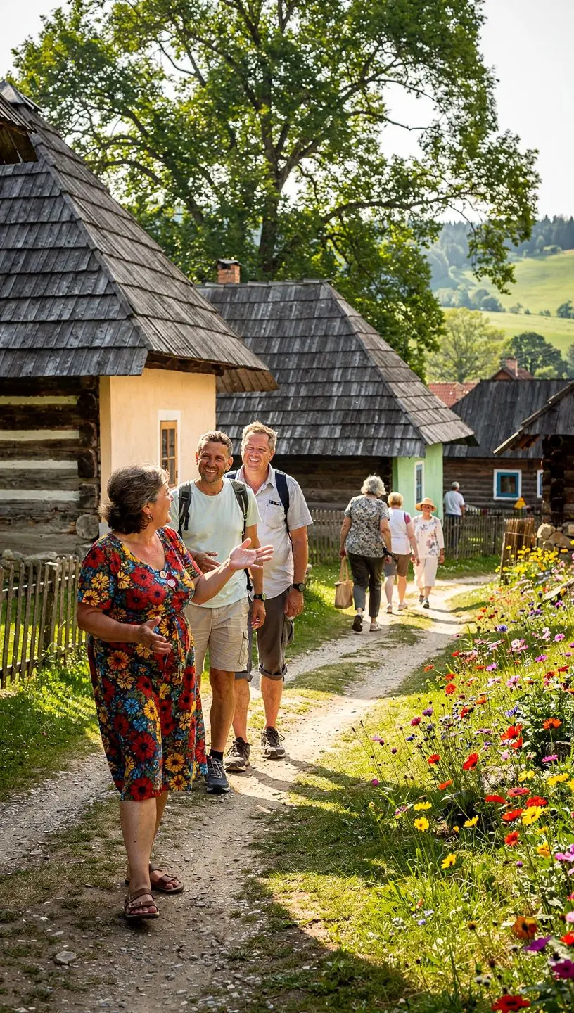 A local market showcasing traditional Slovak crafts and fresh produce, bustling with visitors.